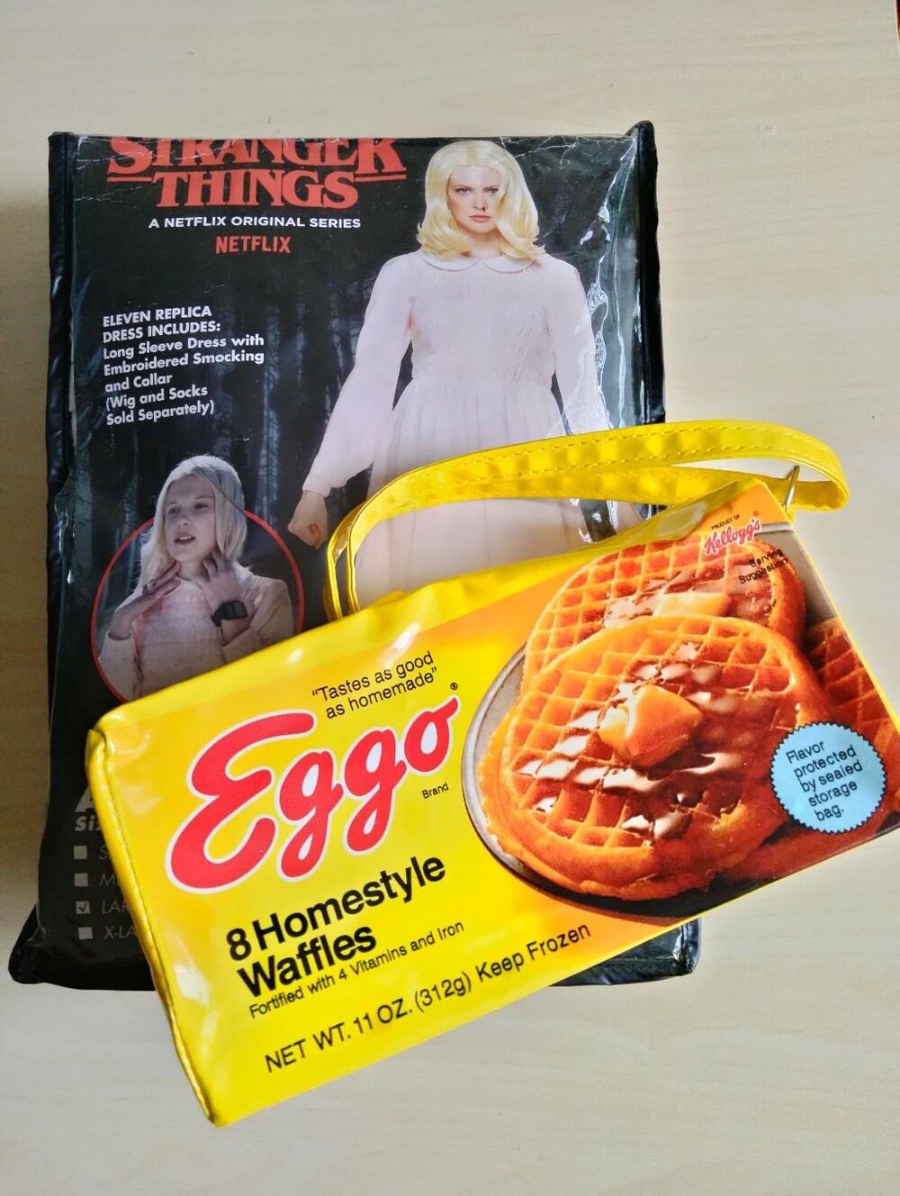 Stranger Things Eleven Spirit Halloween Costume and Eggo Waffle Purse